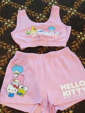 Hello Kitty Pink Ribbed Two-Piece Crop Top and Shorts Set